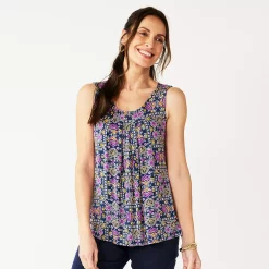 Women's Croft & Barrow® Print Pleated Tank -Croft & Barrow Sales Store 4777679 Navy Folk Medallion