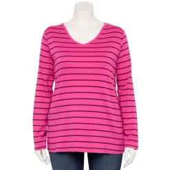 Plus Size Croft & Barrow® Essential V-Neck Top -Croft & Barrow Sales Store 5036908 Pink Plum Simple Strip
