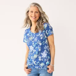 Petite Croft & Barrow® Essential V-Neck Tee -Croft & Barrow Sales Store 5211690 Blue Folk Floral