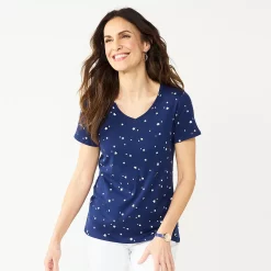 Petite Croft & Barrow® Essential V-Neck Tee -Croft & Barrow Sales Store 5211690 Navy White Stars