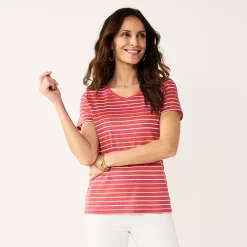 Petite Croft & Barrow® Essential V-Neck Tee -Croft & Barrow Sales Store 5211690 Pink Thin Stripe