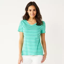 Petite Croft & Barrow® Essential V-Neck Tee -Croft & Barrow Sales Store 5211690 Tonal Teal Stripe