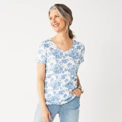 Petite Croft & Barrow® Essential V-Neck Tee -Croft & Barrow Sales Store 5211690 White Blue Floral