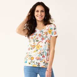 Petite Croft & Barrow® Essential V-Neck Tee -Croft & Barrow Sales Store 5211690 White Folk Floral