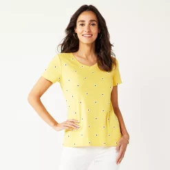 Petite Croft & Barrow® Essential V-Neck Tee -Croft & Barrow Sales Store 5211690 Yellow Daisy Dot