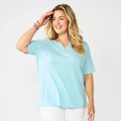 Plus Size Croft & Barrow® Three Quarter Sleeve Splitneck Top -Croft & Barrow Sales Store 5501050 Barefoot Beach Blue