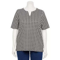 Plus Size Croft & Barrow® Three Quarter Sleeve Splitneck Top -Croft & Barrow Sales Store 5501050 Black Flower Geo