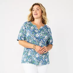 Plus Size Croft & Barrow® Three Quarter Sleeve Splitneck Top -Croft & Barrow Sales Store 5501050 Blue Poppy Gdn