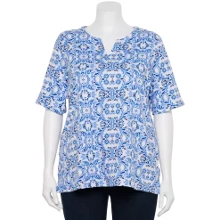 Plus Size Croft & Barrow® Three Quarter Sleeve Splitneck Top -Croft & Barrow Sales Store 5501050 Blue Scroll Tile