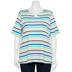 Plus Size Croft & Barrow® Three Quarter Sleeve Splitneck Top -Croft & Barrow Sales Store 5501050 Blue Sunset Stripe