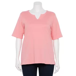 Plus Size Croft & Barrow® Three Quarter Sleeve Splitneck Top -Croft & Barrow Sales Store 5501050 Flamingo Pink