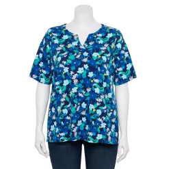 Plus Size Croft & Barrow® Three Quarter Sleeve Splitneck Top -Croft & Barrow Sales Store 5501050 Navy Garden Floral