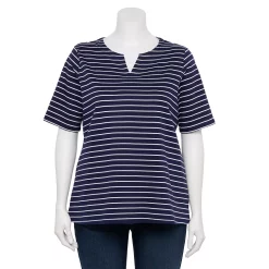 Plus Size Croft & Barrow® Three Quarter Sleeve Splitneck Top -Croft & Barrow Sales Store 5501050 Navy White Stripe