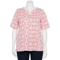 Plus Size Croft & Barrow® Three Quarter Sleeve Splitneck Top -Croft & Barrow Sales Store 5501050 Pink Scroll Tile