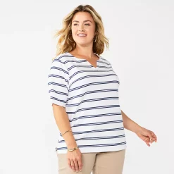 Plus Size Croft & Barrow® Three Quarter Sleeve Splitneck Top -Croft & Barrow Sales Store 5501050 White Navy Open Stripe