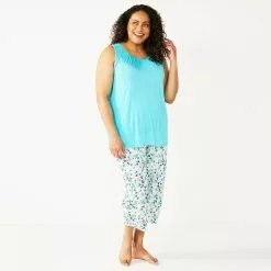 Plus Size Croft & Barrow® Pajama Tank & Pajama Capri Pants Sleep Set -Croft & Barrow Sales Store 5514266 Aqua Floral