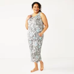 Plus Size Croft & Barrow® Pajama Tank & Pajama Capri Pants Sleep Set -Croft & Barrow Sales Store 5514266 Gray Floral