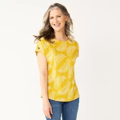 Women's Croft & Barrow® Button-Accent Scoopneck Tee -Croft & Barrow Sales Store 5516366 Yellow Tropical Leaf