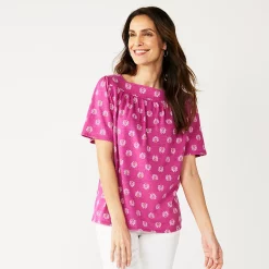 Petite Croft & Barrow® Squareneck Puff-Sleeve Top -Croft & Barrow Sales Store 5554427 Fuchsia Boho