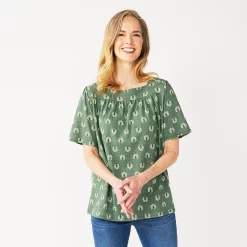 Petite Croft & Barrow® Squareneck Puff-Sleeve Top -Croft & Barrow Sales Store 5554427 Green Boho Geo