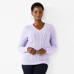 Women's Croft & Barrow® Classic V-Neck Cable Sweater -Croft & Barrow Sales Store 5579426 Lilac