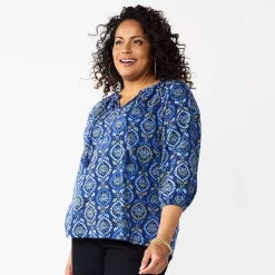 Plus Size Croft & Barrow® Three Quarter Sleeve Peasant Top -Croft & Barrow Sales Store 5614026 Navy Olive Medallion