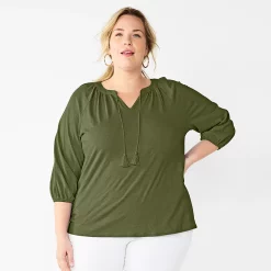 Plus Size Croft & Barrow® Three Quarter Sleeve Peasant Top -Croft & Barrow Sales Store 5614026 Olive
