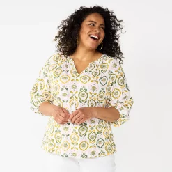 Plus Size Croft & Barrow® Three Quarter Sleeve Peasant Top -Croft & Barrow Sales Store 5614026 White Olive Medallion