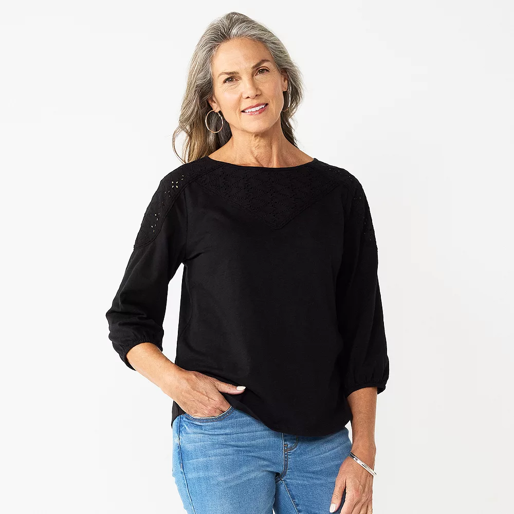 Petite Croft & Barrow® Three-Quarter Sleeve Eyelet Yoke Top 4 Petite Croft & Barrow® Three-Quarter Sleeve Eyelet Yoke Top - Image 4