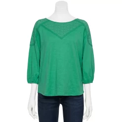 Petite Croft & Barrow® Three-Quarter Sleeve Eyelet Yoke Top