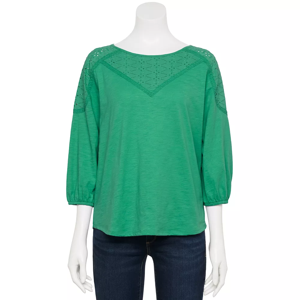 Petite Croft & Barrow® Three-Quarter Sleeve Eyelet Yoke Top 1 Petite Croft & Barrow® Three-Quarter Sleeve Eyelet Yoke Top