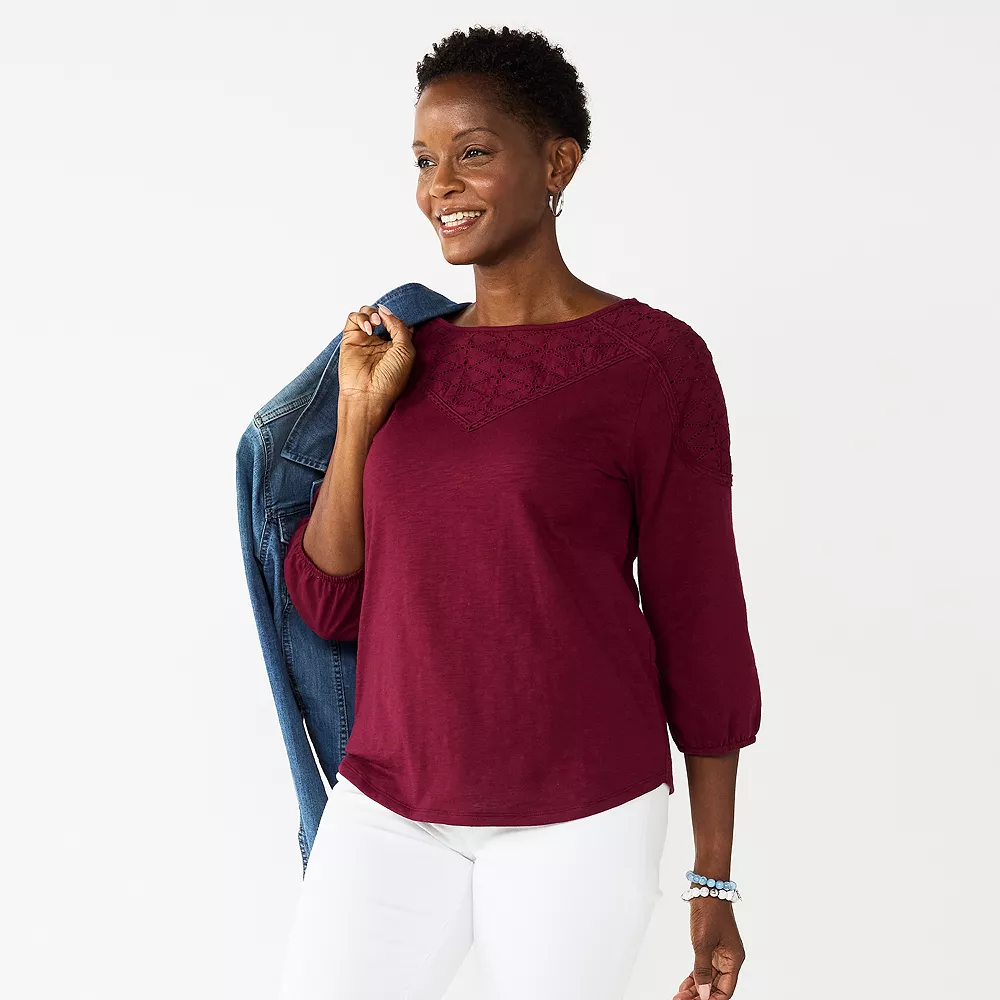 Petite Croft & Barrow® Three-Quarter Sleeve Eyelet Yoke Top 2 Petite Croft & Barrow® Three-Quarter Sleeve Eyelet Yoke Top - Image 2