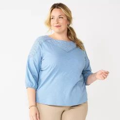 Plus Size Croft & Barrow® Three Quarter Sleeve Lace Yoke Top -Croft & Barrow Sales Store 5638315 Denim Blue