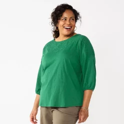 Plus Size Croft & Barrow® Three Quarter Sleeve Lace Yoke Top -Croft & Barrow Sales Store 5638315 Fir Green
