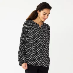 Women's Croft & Barrow Print Smocked Peasant Top -Croft & Barrow Sales Store 5673631 Black Geo