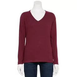 Petite Croft & Barrow® V-Neck Long Sleeve Top -Croft & Barrow Sales Store 5676626 Maroon