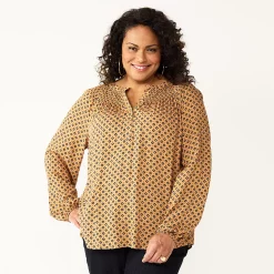 Plus Size Croft & Barrow® Smocked Peasant Top -Croft & Barrow Sales Store 5687783 Tan Geo