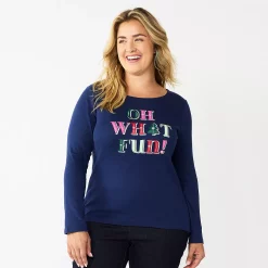 Plus Size Croft & Barrow® Holiday Motif Graphic Tee -Croft & Barrow Sales Store 5726116 Navy Oh What Fun