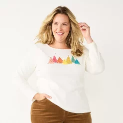 Plus Size Croft & Barrow® Holiday Motif Graphic Tee -Croft & Barrow Sales Store 5726116 Rainbow Trees