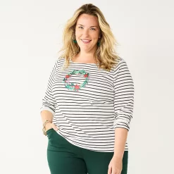 Plus Size Croft & Barrow® Holiday Motif Graphic Tee -Croft & Barrow Sales Store 5726116 White Stripe Wreath