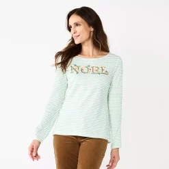 Petite Croft & Barrow® Christmas Graphic Tee -Croft & Barrow Sales Store 5726272 Green Stripe Noel