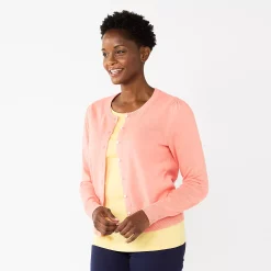 Women's Croft & Barrow® Crewneck Puff Sleeve Cardigan -Croft & Barrow Sales Store 5795189 Coral