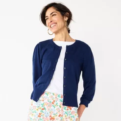 Women's Croft & Barrow® Crewneck Puff Sleeve Cardigan -Croft & Barrow Sales Store 5795189 Navy
